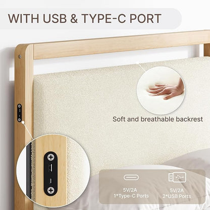 KISLOT Wood Bed Frame with Headboard and Footboard, Mattress Foundation with USB Charging Strong Wooden Slat Support Noise-Free Easy Assembly No Box Spring Needed