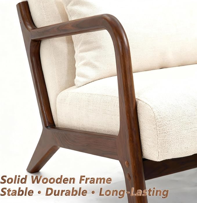 Mid Century Modern Accent Chair - Solid Rubberwood Frame Reading Armchair with Lumbar Pillow - Comfy Linen Lounge Chair for Living Room Bedroom Small Space - Heavy Duty 350lbs