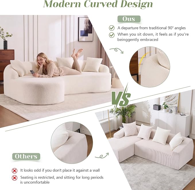 99" Curved Sofa with L-Shape Chaise,Modern Cloud Curved Couch with Deep Seat,No Assembly Required,Upholstered Oversized Couches for Living Room,Apartment (White, 99Inch)