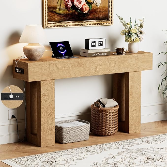 63 Inch Long Console Table w/Outlets & USB Ports, Narrow Rectangular Sofa Table Behind The Couch, Farmhouse Entryway Table for Entrance, Hallway, Living Room