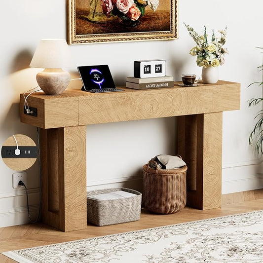 63 Inch Long Console Table w/Outlets & USB Ports, Narrow Rectangular Sofa Table Behind The Couch, Farmhouse Entryway Table for Entrance, Hallway, Living Room