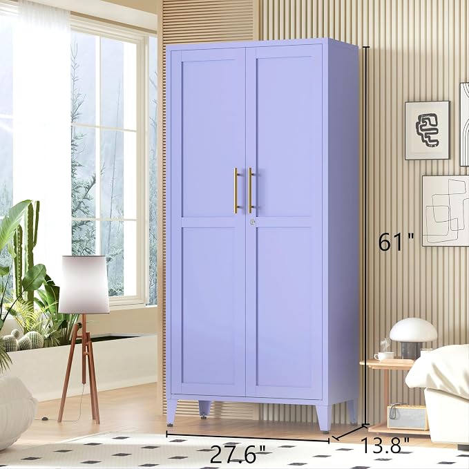 61" Tall Farmhouse Metal Storage Cabinet, Kitchen Pantry Storage Cabinets with 2 Barn Door and 3 Adjustable Shelves, for Home, Office, Kitchen, Laundry Room, Kids Room, Entryway, Purple