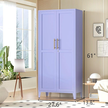 61" Tall Farmhouse Metal Storage Cabinet, Kitchen Pantry Storage Cabinets with 2 Barn Door and 3 Adjustable Shelves, for Home, Office, Kitchen, Laundry Room, Kids Room, Entryway, Purple