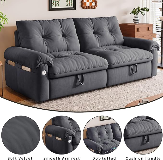 77.2'' Pull Out Couch Full Size, Pre-Assembled Sleeper Sofa Bed, Flannel Convertible Futon Sofa Bed with Adjustable Backrest, USB, Side Pockets, Loveseat for Living Room, Apartment, Dark Grey