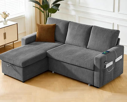 WEUP 82" L Shaped Sectional Sleeper Sofa Bed with Pull Out Bed, Sectional Sleeper Couch Pull Out Couch with Reclining Backrest/Reversible Storage Chaise/USB Ports/Tool-Free Assembly, Corduroy Grey