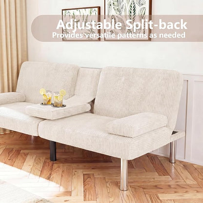Flamaker Futon Sofa Bed Corduroy Folding Couch Adjustable Sleeper Sofa Bed for Small Apartment Upholstered Living Room Furniture Set with 2 Cup Holders Removable Armrests (Corduroy, Beige)