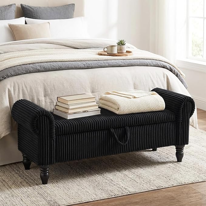 55" Storage Bedroom Bench for End of Bed, Storage Ottoman with Rolled Arms for Bedroom, Living Room, Entryway (Black)