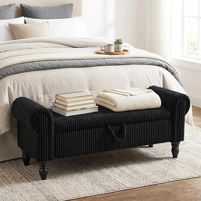 55" Storage Bedroom Bench for End of Bed, Storage Ottoman with Rolled Arms for Bedroom, Living Room, Entryway (Black)