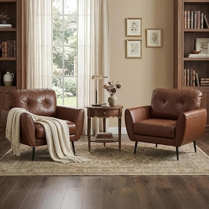 TYBOATLE Accent Chairs Set of 2, Comfy Modern Living Room Brown Leather Reading Accent Chairs Tufted Mid Century Arm Chair Small Salon Chair for Office Bedroom (2, Brown)