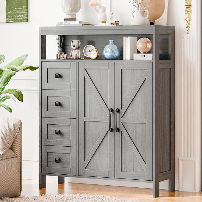 Vabches Farmhouse Storage Cabinet with 2 Doors and 4 Drawers, Freestanding Bathroom Compartment, Kitchen Pantry Cabinet, Floor Cupboard for Kitchen/Living Room/Bathroom （Wash Grey）