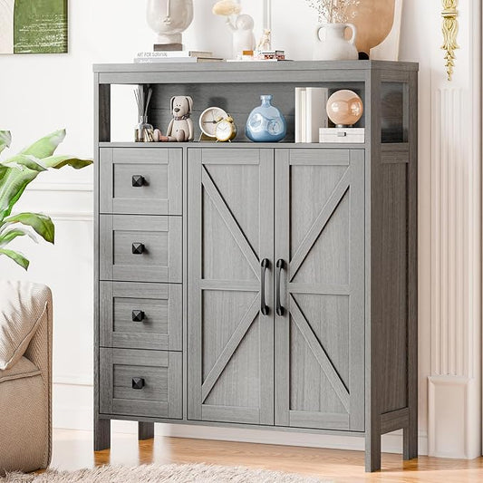 Vabches Farmhouse Storage Cabinet with 2 Doors and 4 Drawers, Freestanding Bathroom Compartment, Kitchen Pantry Cabinet, Floor Cupboard for Kitchen/Living Room/Bathroom （Wash Grey）