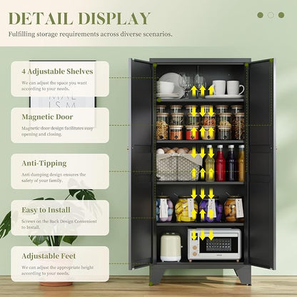 RAVIGIN Metal Storage Cabinet,61" H Pantry Cabinet with 2 Doors and 4 Adjustable Shelves,5 Tier Tall Kitchen Storage Cabinets for Kitchen,Pantry,Living/Study/Laundry Room(Black)