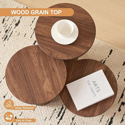 3-Piece Nesting Coffee Table Set, Modern Small Round Side Tables Fluted Drum Base, for Living Room Bedroom Apartment Small Space, Brown