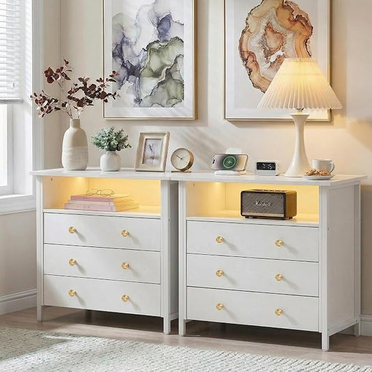 27" LED Nightstand Set 2 with Charging Station & 3 Drawers, White | Solid Wood and Steel Frame, 2 AC Outlets, 2 USB Ports, RGB App Control, Open Storage, Adjustable Feet, for Bedroom or Office