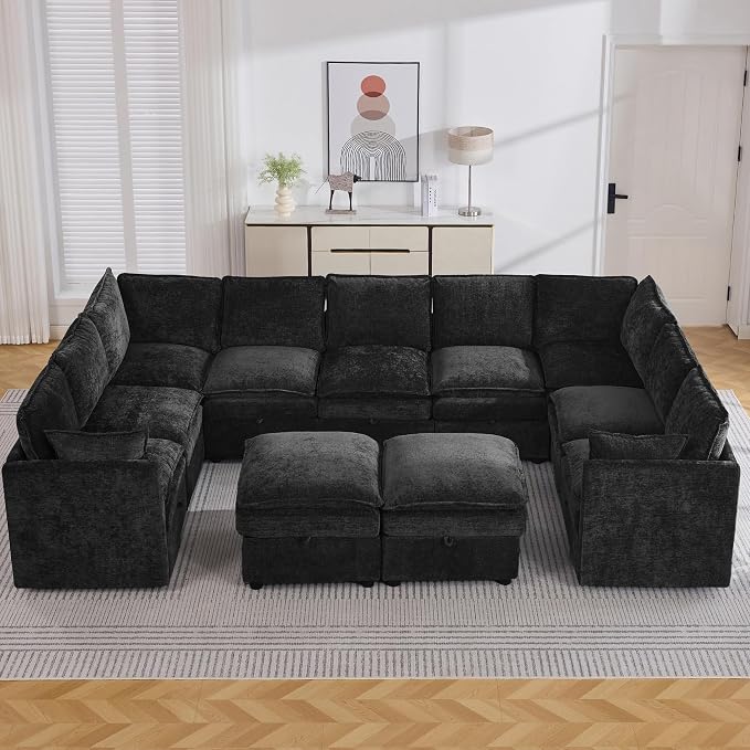 130" Black Oversized Modular Storage Sofa, U Shaped Chenille Cloud Couch | Oversized Convertible Sectional Sofa, 9-Seat Sectional Couch With 2 Ottomans, Large Cloud Couch For Living Room, Apartment.