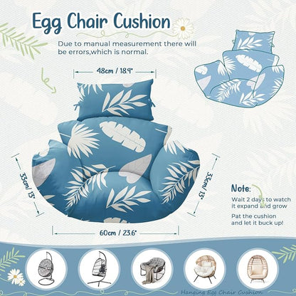 Waterproof Egg Chair Cushion Replacement 47x31.5x4.7 inch Thicken Hanging Egg Swing Chair Cushion Indoor Outdoor Wicker Rattan Hammock Basket Cushion with Headrest Pillow, Blue Leaf