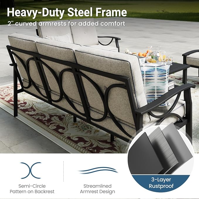 Outdoor Patio Furniture Set, 5 Seats Outdoor Patio Set with 4" Thick Cushion, All-Weather Metal Patio Sofa with Coffee Table, Outdoor Sectional Furniture for Porch Backyard Deck Yard, Black&Beige
