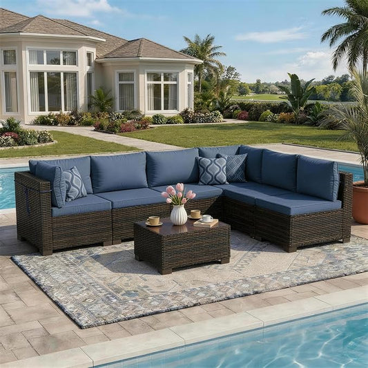 LAFWELL 7 Pieces Outdoor Patio Furniture Sets,Rattan Conversation Sectional Set,Manual Weaving Wicker Patio Sofa with Tea Table