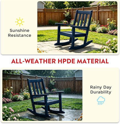 Costaelm Paradise Kids 3-Piece Outdoor HDPE Plastic Square Side Table and Rocking Chairs Set, Navy Blue
