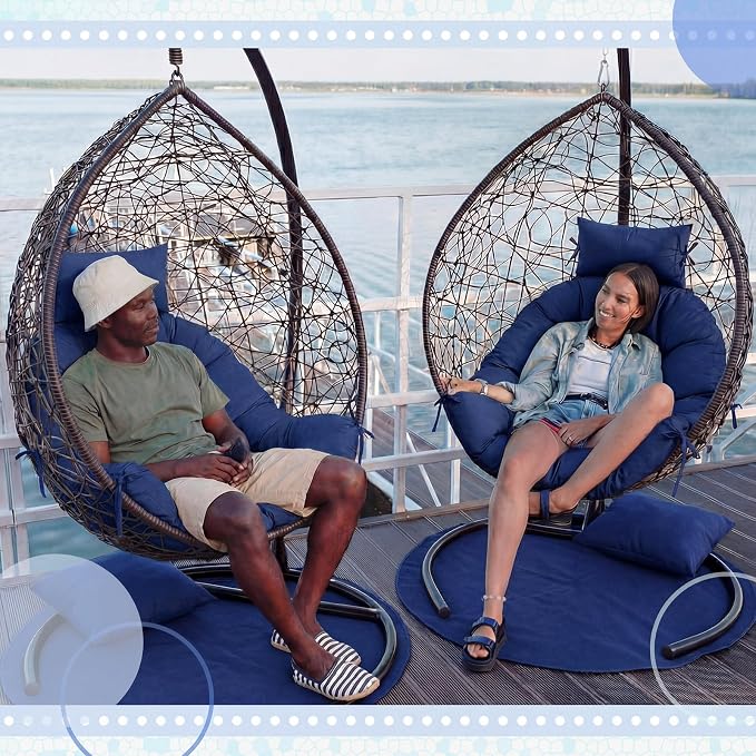Tudomro Waterproof Egg Chair Cushion with Pillow Filling 2.58 kg Replacement Rocking Wicker Chair Cushion 48" x 32" High Back Hanging Swing Hammock Pad Thicken for Outdoor Patio Garden(Navy Blue)