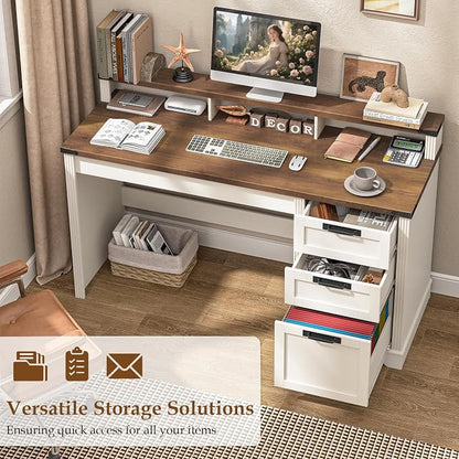 Vabches 55" Farmhouse Executive Desk with 3 Drawers, Wooden Computer Desk Home Office Desk with File Drawer (Fits A4 Size) for Work and Study, White Brown