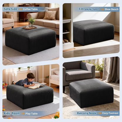 40" Oversized Square Corduroy Ottoman Pouf - Poofy Soft Foot Rest with Foam Chunk Filling, Movable Large Ottoman Pouf Footstool for Living Room Sofa Couch Bedroom, Black(1 Piece)