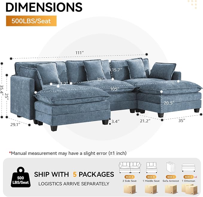 111'' Sectional Cloud Deep Seat Couch, Oversized Chenille U Shaped Sectional Sofa for Living Room Set, Comfy Upholstered Modular 5-Seats Sectional Sofa Couch with 2 Movable Ottoman, Blue