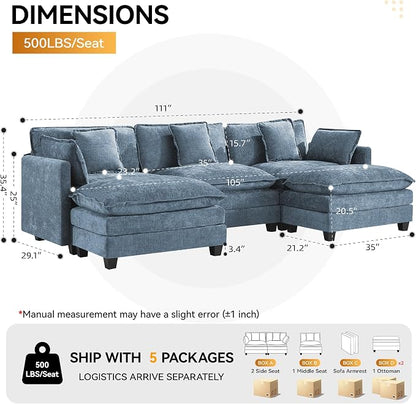 111'' Sectional Cloud Deep Seat Couch, Oversized Chenille U Shaped Sectional Sofa for Living Room Set, Comfy Upholstered Modular 5-Seats Sectional Sofa Couch with 2 Movable Ottoman, Blue