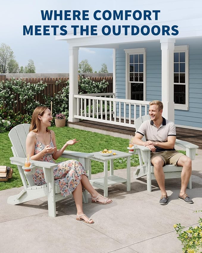 GarveeLife Folding Adirondack Chair Set of 4 with 2 Side Table, All-Weather HDPE Outdoor Chair, Wooden Textured with Cup Holder for patios, Decks, Gardens, fire pits, White