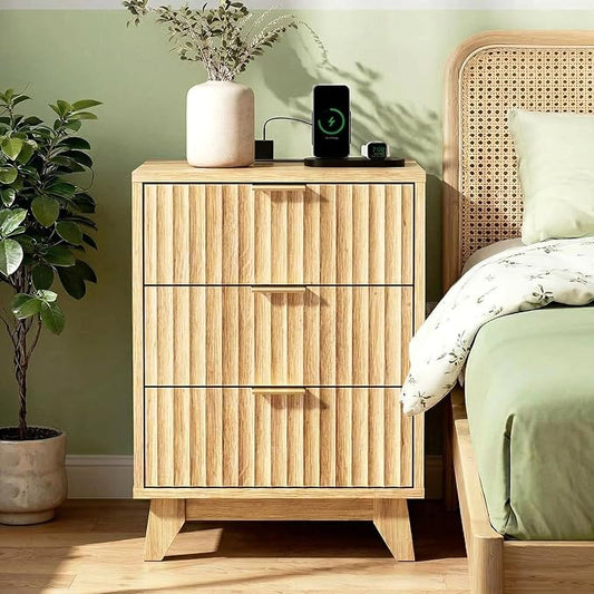 VINGLI Fluted Nightstand with Charging Station, 3 Drawer Nightstand Oak Modern Night Stand for Bedroom, Fluted Bedside Table/End Table/Side Table, 17.72" W*13.78" D*23.62" H, 1 pc