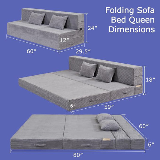 Folding Sofa Bed, 4 in 1 Convertible Sleeper Chair with Pillow, Queen Memory Foam Fold Out Chair Bed, Modern Floor Futon Sofa Couch Mattress for Living Room/Guest/Apartment, Light Gray