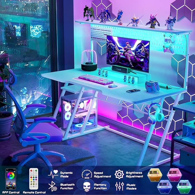 Armocity 53'' White Gaming Desk with Hutch and LED Lights, Gaming Computer Desk with Storage Shelves & Z-Shaped Legs, Reversible PC Game Desk with Pegboard for Bedroom, Carbon Fiber Surface