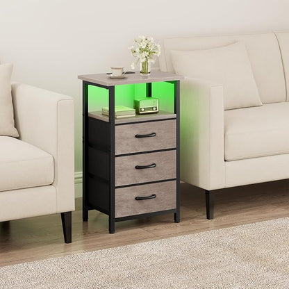 Vagusicc Night Stand Set 2 with Charging Station, LED Nightstand for Bedroom, Bedside Table with 3 Fabric Drawers, End Table Side Table with USB Ports & Outlets, Bed Side Table for Bedroom, Greige