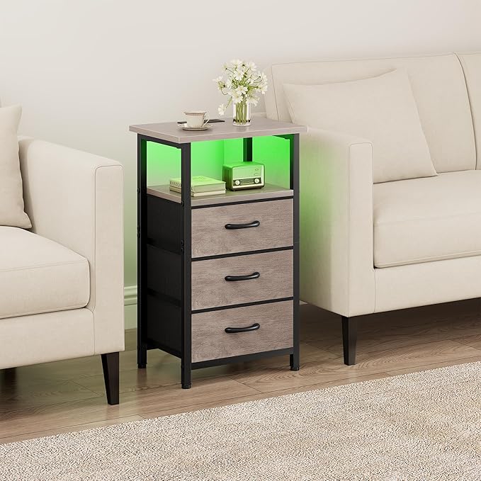 Vagusicc Night Stand with Charging Station, LED Nightstand for Bedroom, Bedside Table with 3 Fabric Drawers, End Table Side Table with USB Ports and Outlets, Bed Side Table for Bedroom, Greige