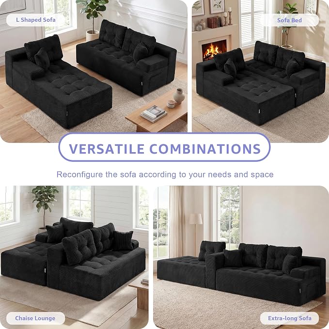 Hobestluk Modular Sectional Sofa Couches L-Shape Couch 3 Seat Modular Sofa Memory Foam Sectional Couches for Living Room, Cloud Couch with Oversized Chaise (Ebony Corduroy, 108", Left Hand Facing)