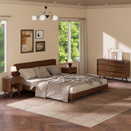 Nasonet 6 Drawer Dresser and Nightstands Set with Charging Station, Wood Mid-Century Modern Dresser and Nightstand 3 Pieces for Bedroom, Living Room, Walnut