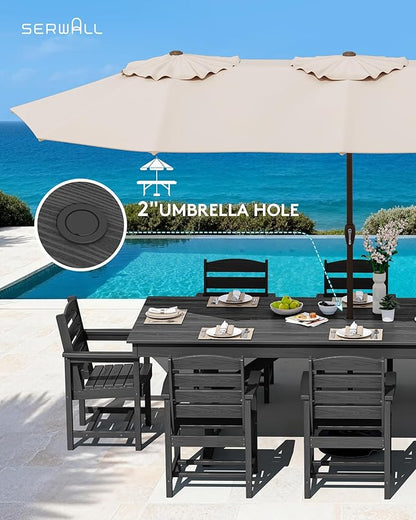 SERWALL 9 Piece 84" HDPE Outdoor Dining Set for 8 with Armchairs and Umbrella Hole, Black