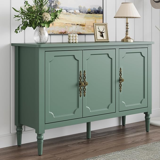 FansaFurn 3-Door Storage Cabinet Set of 2 with Adjustable Shelves, Accent Sideboard Cabinet with Turned Legs, Wood Pantry Cabinet, Buffet Cabinet for Entryway, Living Room, Dining Room, Green