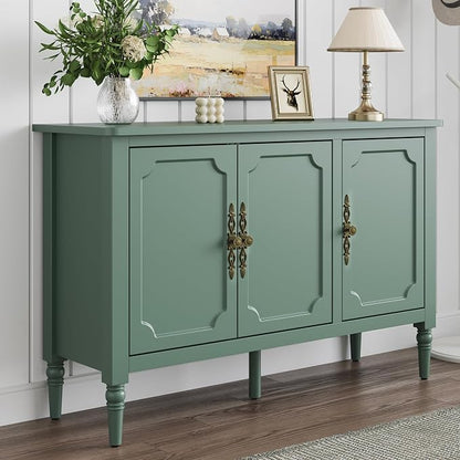 FansaFurn 3-Door Storage Cabinet Set of 2 with Adjustable Shelves, Accent Sideboard Cabinet with Turned Legs, Wood Pantry Cabinet, Buffet Cabinet for Entryway, Living Room, Dining Room, Green