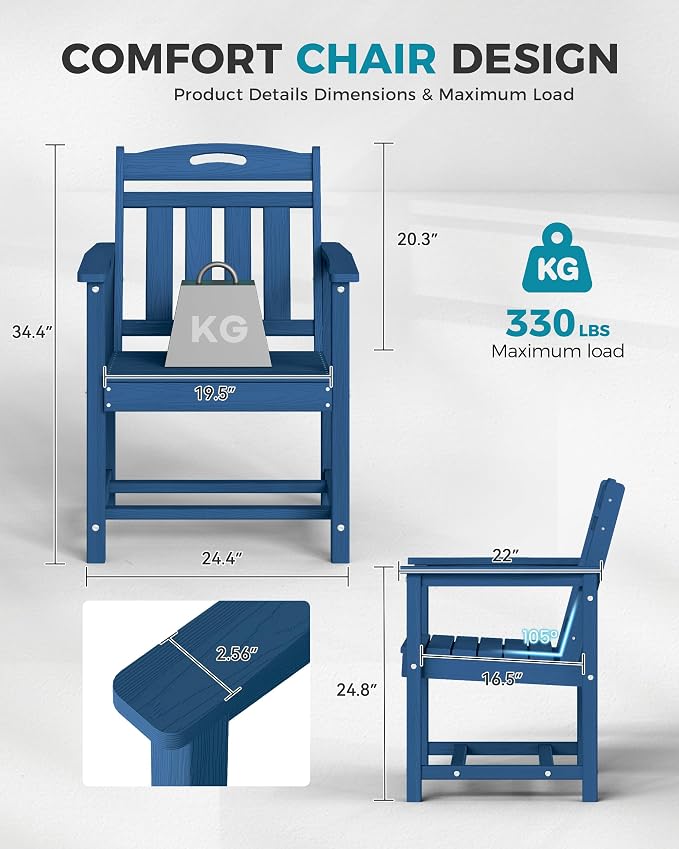 Ciokea HDPE Outdoor Patio Dining Chairs Set of 2, All-Weather Porch Chair with Wide Seat, Durable Outdoor Furniture for Backyard, Garden, Lawn & Poolside, Navy Blue