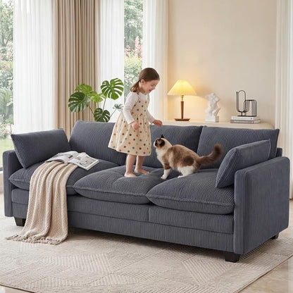 Gizoon 3 Seater Couches for Living Room, Cloud Sleeper Sofa with Double Cushion Corduroy Deep Seat Sofa Couches with 2 Pillows for Living Room Bedroom and Apartment,Pet-Friendly Fabric, Grey