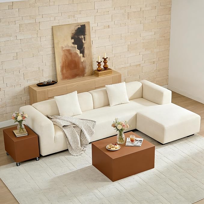 Rolling Modern Coffee Table Set of 2 with Wheels, Leather Square Coffee Table and End Table Sets, Minimalist Center Table, Luxury Wooden Cube Side Table for Living Room Bedroom Apartment,Brown