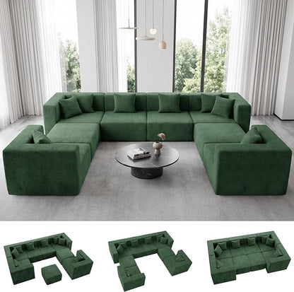 MONVANE Modular Sectional Sofa, Oversized 8 Seat Convertible U Shaped Couch with Ottoman, Comfy Teddy Velvet Cloud Couch with Deep Seat, Sectional Couches for Living Room, No Assembly Required, Green
