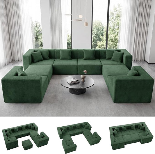 MONVANE Modular Sectional Sofa, Oversized 8 Seat Convertible U Shaped Couch with Ottoman, Comfy Teddy Velvet Cloud Couch with Deep Seat, Sectional Couches for Living Room, No Assembly Required, Green