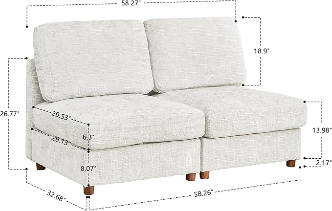 ORRD Modern Chenille Middle Armless Sofa Seat Set of 2 for Modular Sectional Couch for Living Room, White