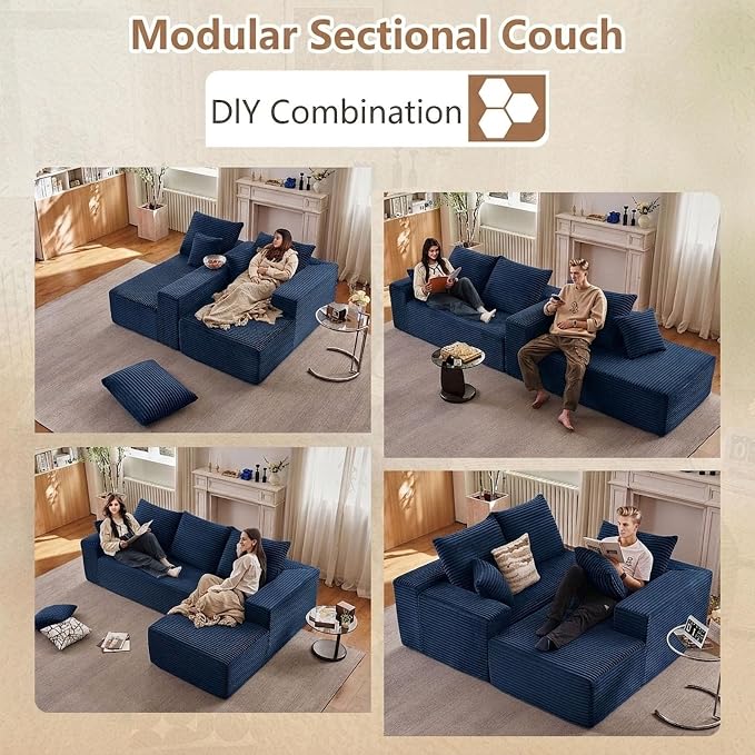 Sectional Couches for Living Room Cloud Couch Sofa with L-Shape Couch in a Box Upholstered Boneless Couchs Modern Modular Sectional Couch with Chaise (Blue,B-3 Seater-Right-Facing Chaise-96 inch)