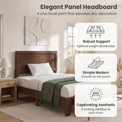Giantex Twin Size Wooden Bed Frame with Headboard, Wood Slat Support | Modern Platform Bed with Heavy Duty Mattress Foundation, Under-Bed Storage, No Box Spring Needed, Easy Assembly (Walnut)