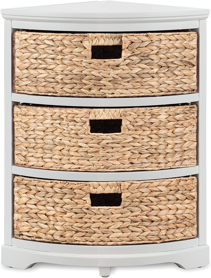 eHemco Hampton Meadows 3-Tier End Table, White, 14 x 14 x 25.5 Inch | 3 Wicker Baskets