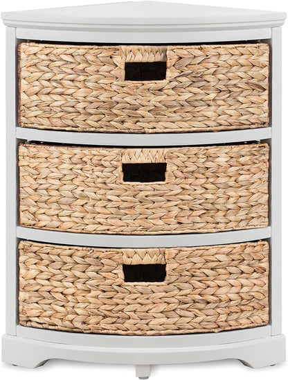 eHemco Hampton Meadows 3-Tier End Table, White, 14 x 14 x 25.5 Inch | 3 Wicker Baskets