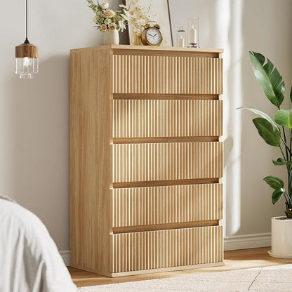 Jocoevol Fluted 6 Drawer Dresser for Bedroom, Modern Wood Chest of Drawers, Tall Storage Dresser with Deep Drawers, Handleless Floor-Standing Dresser for Bedroom, Living Room, Entryway, Natural Oak